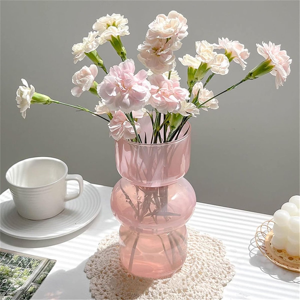 SnelShoppen - Drie-Laags Glazen Vaasje voor Hydroponische Bloemen, 18 cm, Kleurvol Glas, Roze, Uniek Bloemenvase voor Thuis, Kantoor, Bruiloft of Fees