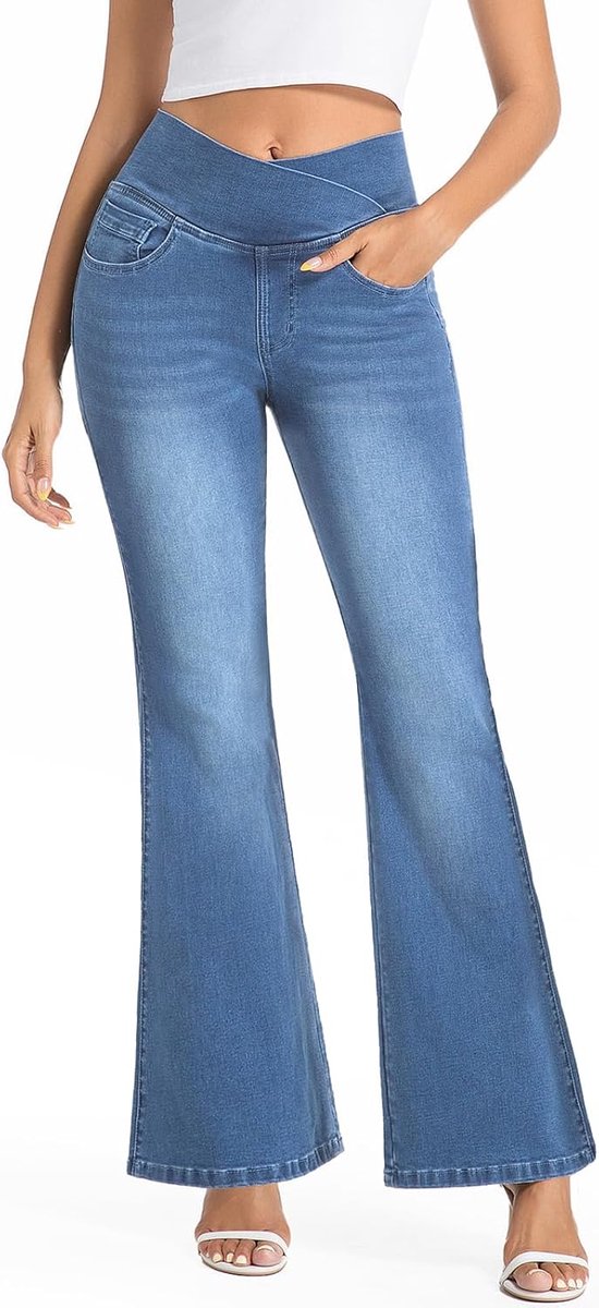 Jeans voor dames, uitlopend, hoge taille, wassing, push-up, buikcontrole, met 4 zakken