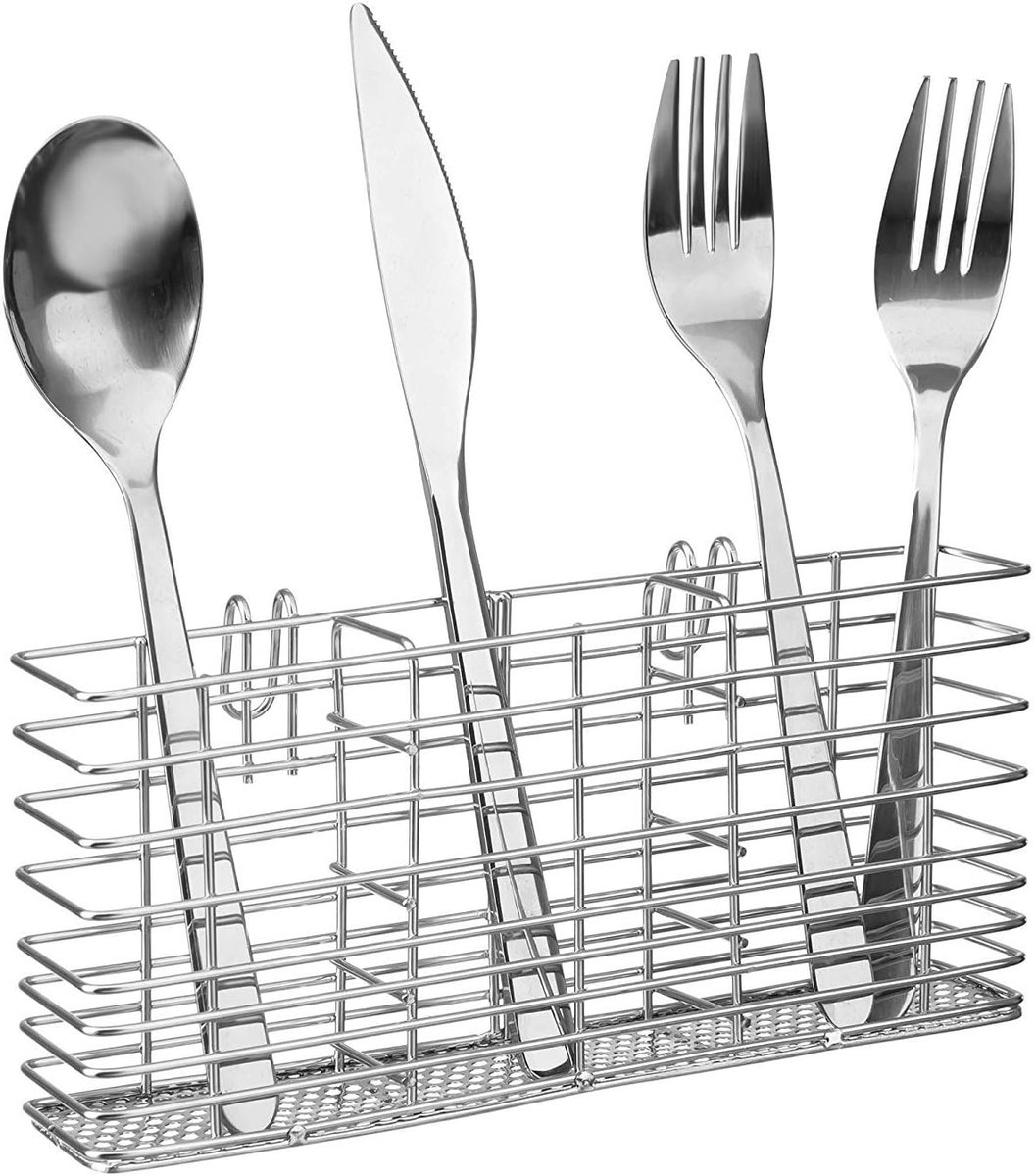 SnelShoppen - RVS Bestekhouder Keuken Organizer met Haakjes en Verwijderbaar Droogrek - Bestekmand voor Afwas, 38 cm Lang, Zilver, Ideaal voor Keuken