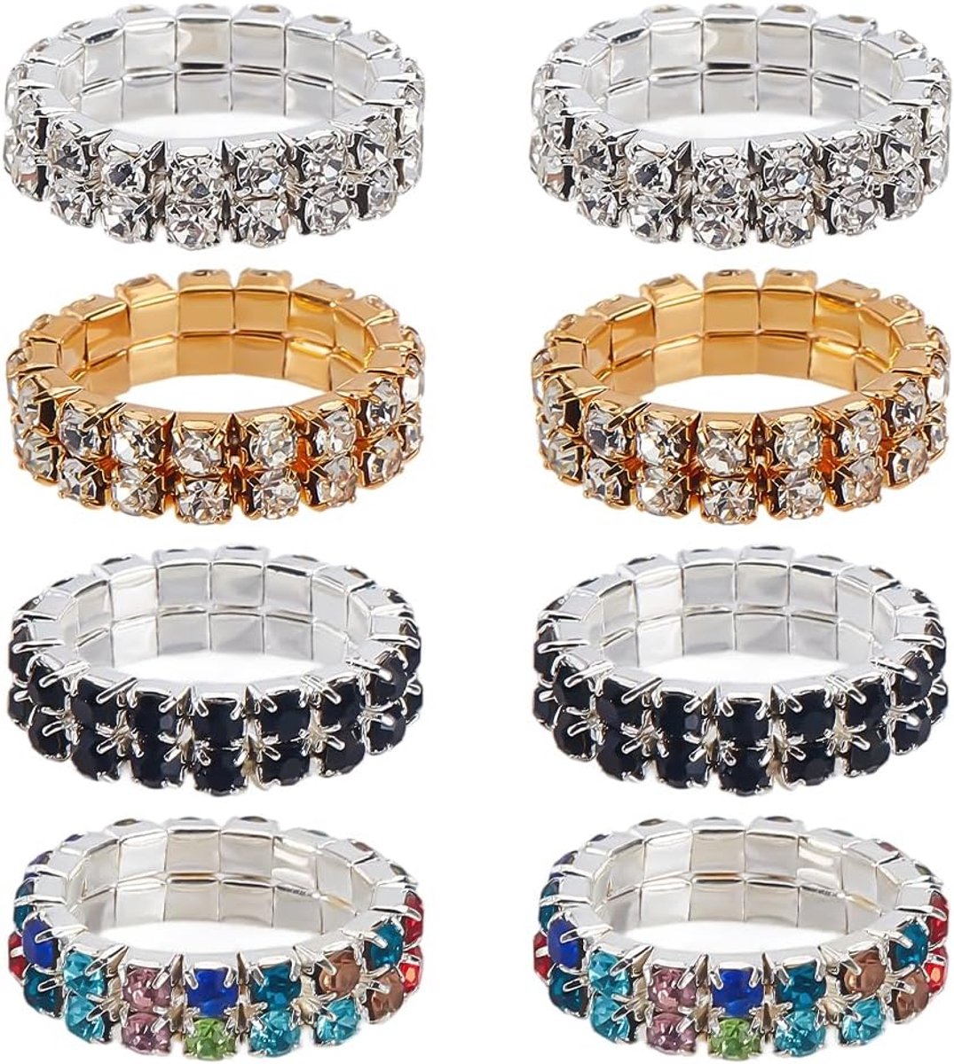 Ringen met strass-steentjes, kleurrijke stretchring met strasssteentjes, stapelbaar, fonkelende diamanten, elastische bandring, sieradenaccessoires