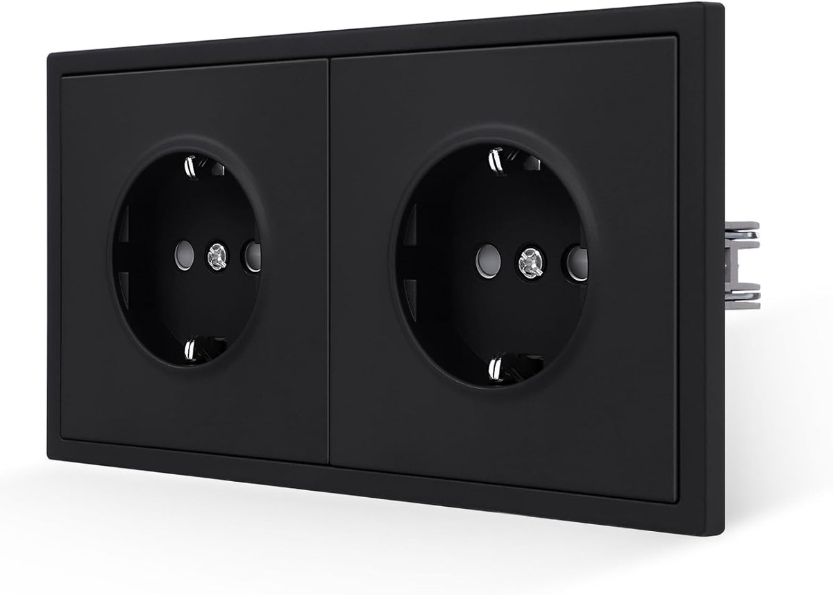 Dubbel stopcontact, zwart mat inbouw, glad huidgevoel, met steekklem, 16 ampère, Schuko, wandcontactdoos