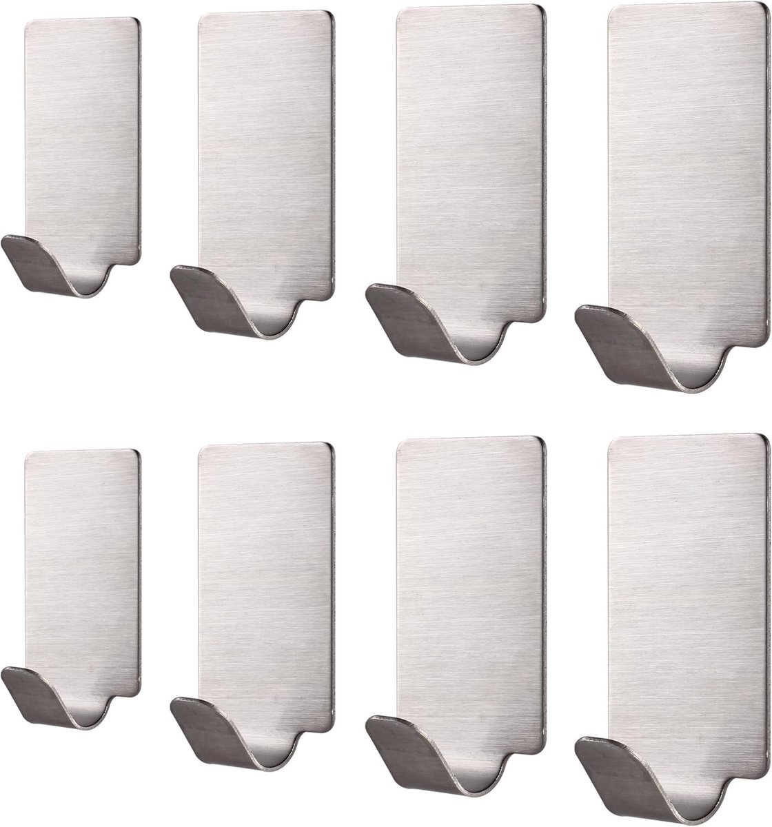 SnelShoppen - 8 Stuks Zelfklevende Haken van RVS - Waterdichte Wandhangers voor Jas, Handdoek, Keuken, Badkamer, Kantoor - Geen Boren, Ruimtebesparend