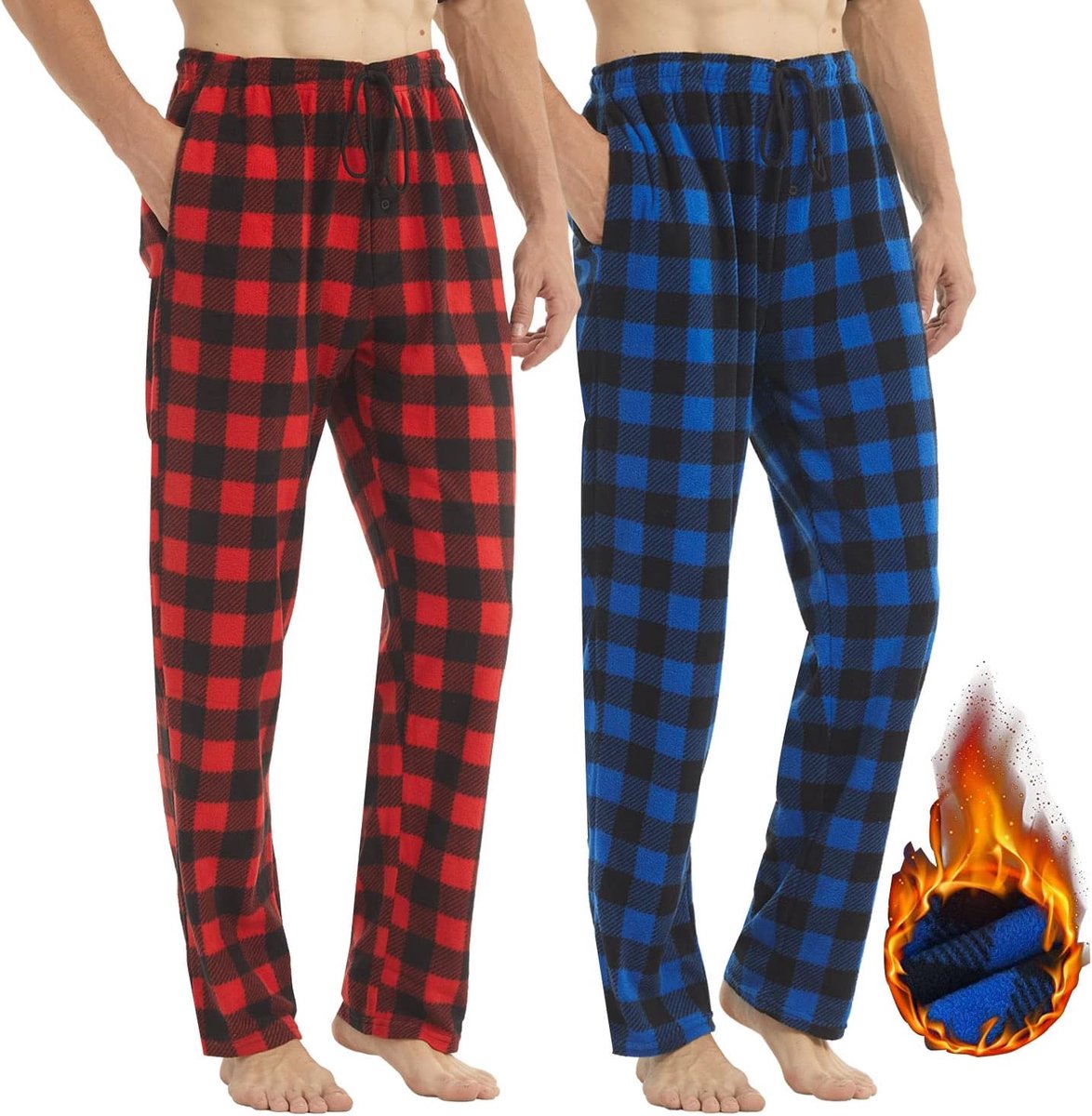 Heren pyjama broek fleece 2 pack geruite pluizige lounge broek geruite pyjama lange thermische slaap nachtkleding broek met zakken, Rood/Blauw, M