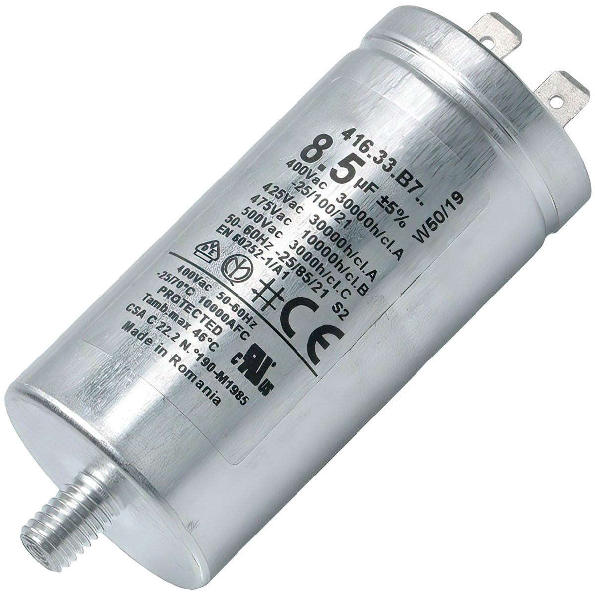 Startcondensator 8,5 µF - metaal - 400-500 V - vervangt originele code C00258619 - ShopVlot