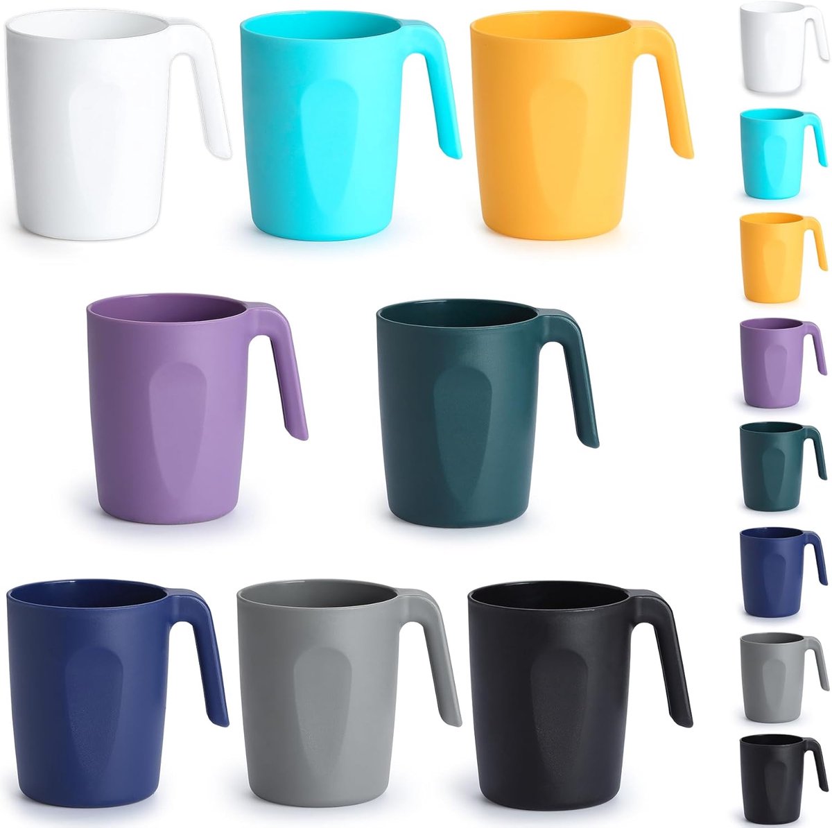 Kunststof koffiemokken set van 8 x 450ml, Mutil kleur plastic bekers met handgrepen, herbruikbare waterbeker, gemakkelijk mee te nemen, geweldig voor thuis, tuin, picknick, camping