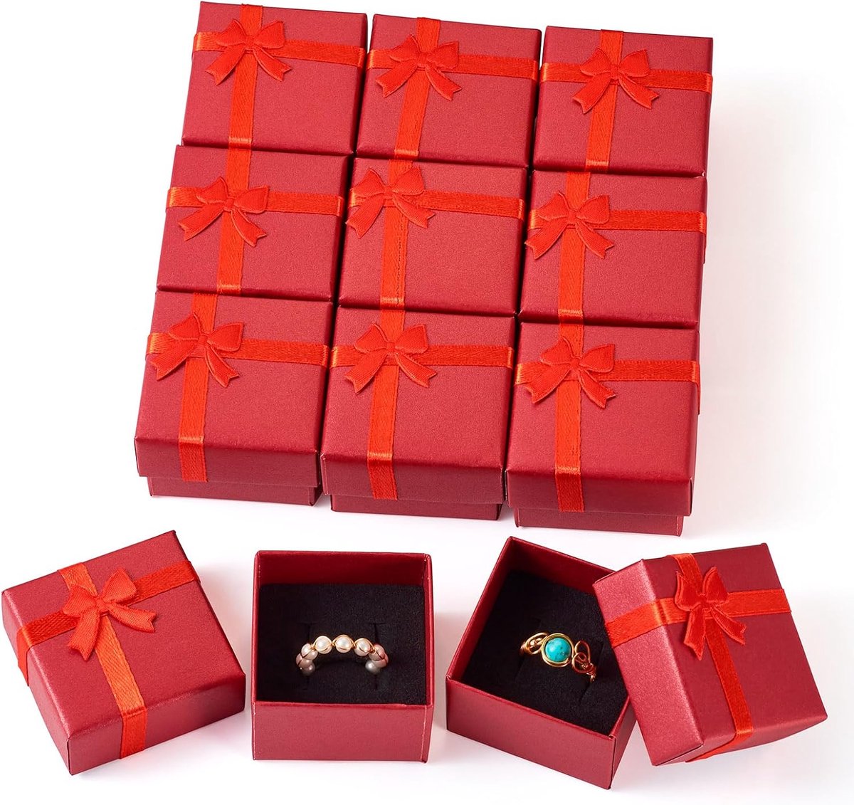 SnelShoppen - 12 Stuks Kartonnen Ringdozen 5x5x3.2cm Vierkante Kleine Sieraden Dozen met Sponsdeksel Strik voor Kerst, Bruiloft, Valentijnsdag, Rood