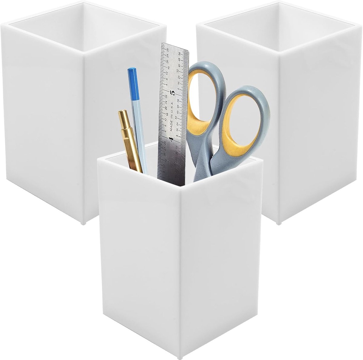 SnelShoppen - 3 Stuks Witte Acryl Penhouders, Pennenbak, Bureau Organizer, Vierkante Pennendoos, Make-up Borstel Houder, Kantoorbenodigdheden voor Pen