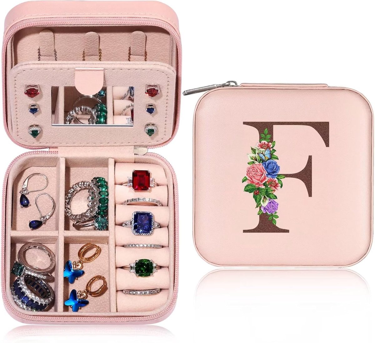 sieradendoosje, klein sieradenkistje met de naam, initialen F en bloemen, sieradenkistje, reisorganizer, box met spiegel, voor dames en meisjes, cadeau voor verjaardagen, Kerstmis,