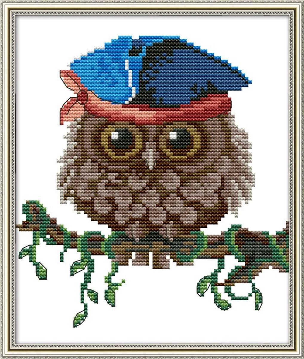 Borduurpakket Met Gestempelde Kruissteek, Complete Lijn van Voorgedrukte Starterspakketten Voor Beginners - Uil met hoed 24 x 28 cm
