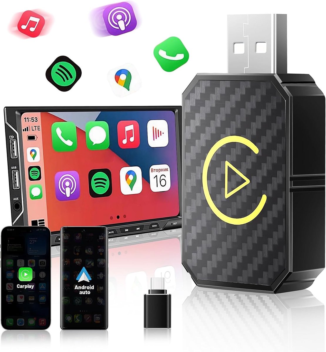 SnelShoppen - 2-in-1 Draadloze Adapter voor Android Auto & CarPlay, Plug & Play Dongle, Snelle Verbinding, Online Updates, Zwart