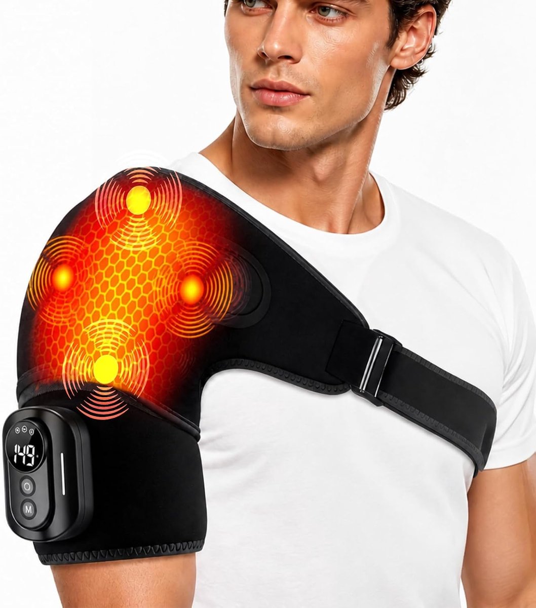 Method schoudermassageapparaat met warmte en trillingen, 5 warmtestanden en 5 modi, 5000 mAh, magnetische scheiding, verstelbaar, ademend, testwinnaar schoudermassageapparaat (zwart)