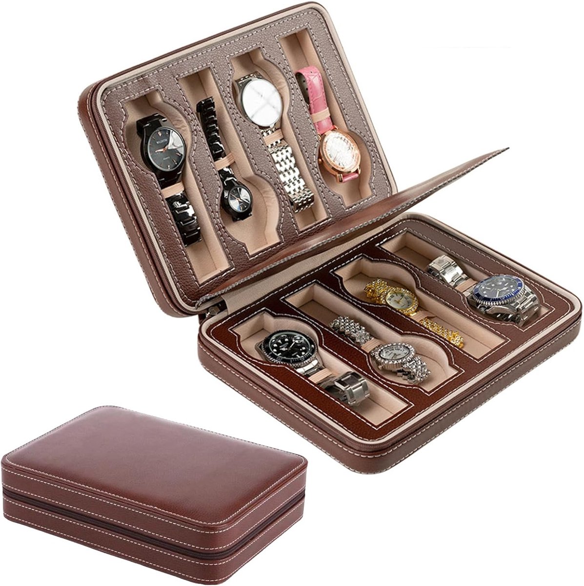Horlogedoos voor heren voor 8 horloges, reisetui van PU-leer, draagbare horlogecollectie horlogedoos met ritssluiting en fluweel gevoerde binnenkant