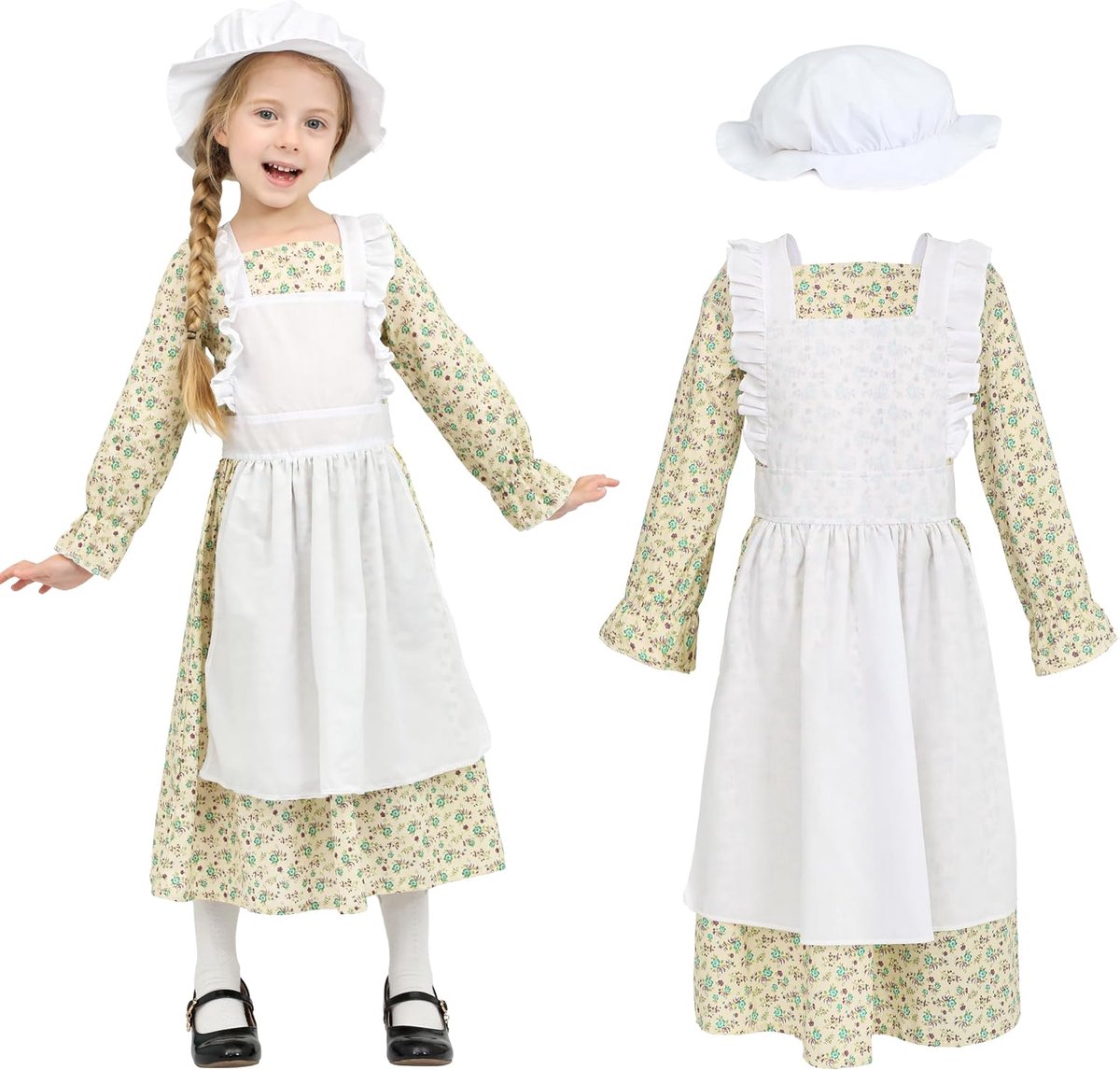 Victoriaanse meisje kostuum voor meisjes, Victoriaanse dorp middeleeuwse outfit met jurk en hoed, Kids Prairie Vintage Fancy jurk voor leeftijd 4-12