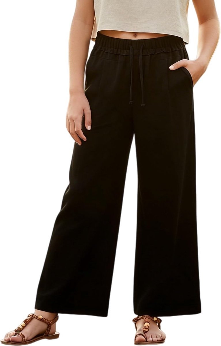 Linnen broek voor meisjes, palazzo, losse taille, elastische taille, vloeiend, strand, met zakken