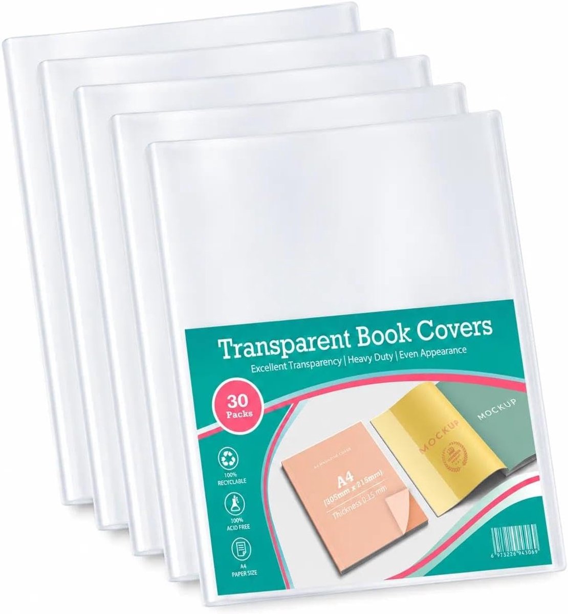 Boekomslagen, DIN A4, transparant, spaarverpakking, boekbeschermer, enveloppen, 150 µ, flexibel en afwasbaar, beschermende hoes voor werk/schoolschriften, 30,5 x 43 cm