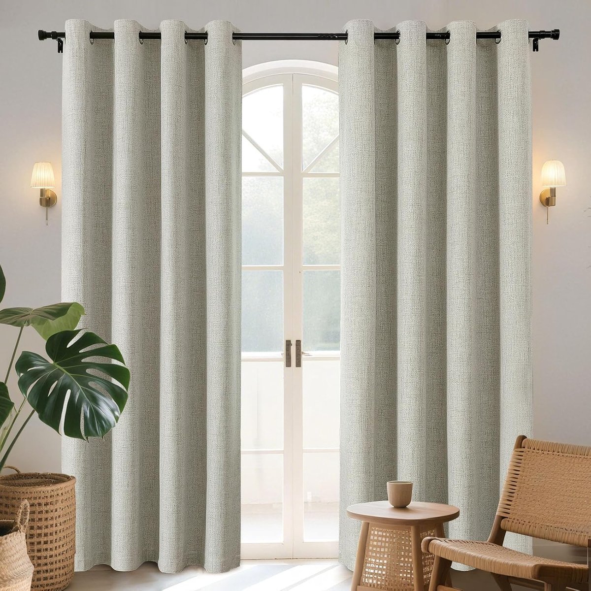 Gordijnen, set van 2 stuks, in linnenlook, 100% ondoorschijnend, met gecoate achterkant, met inslagringen, verduisteringsgordijn, warmte-isolerend, warmte-werend, voor de slaapkamer, woonkamer