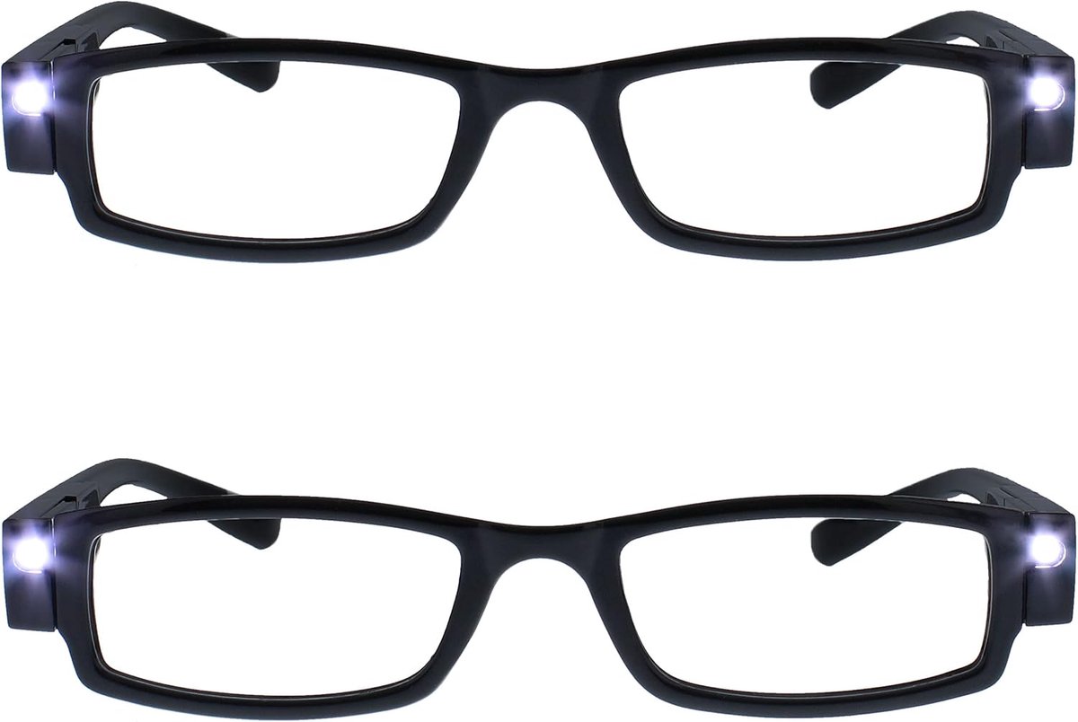Reading Glasses Bedrijf 2 Pack Verlichte LED Night Time Light Readers Mens Womens Zwart LL1-1 +2.50