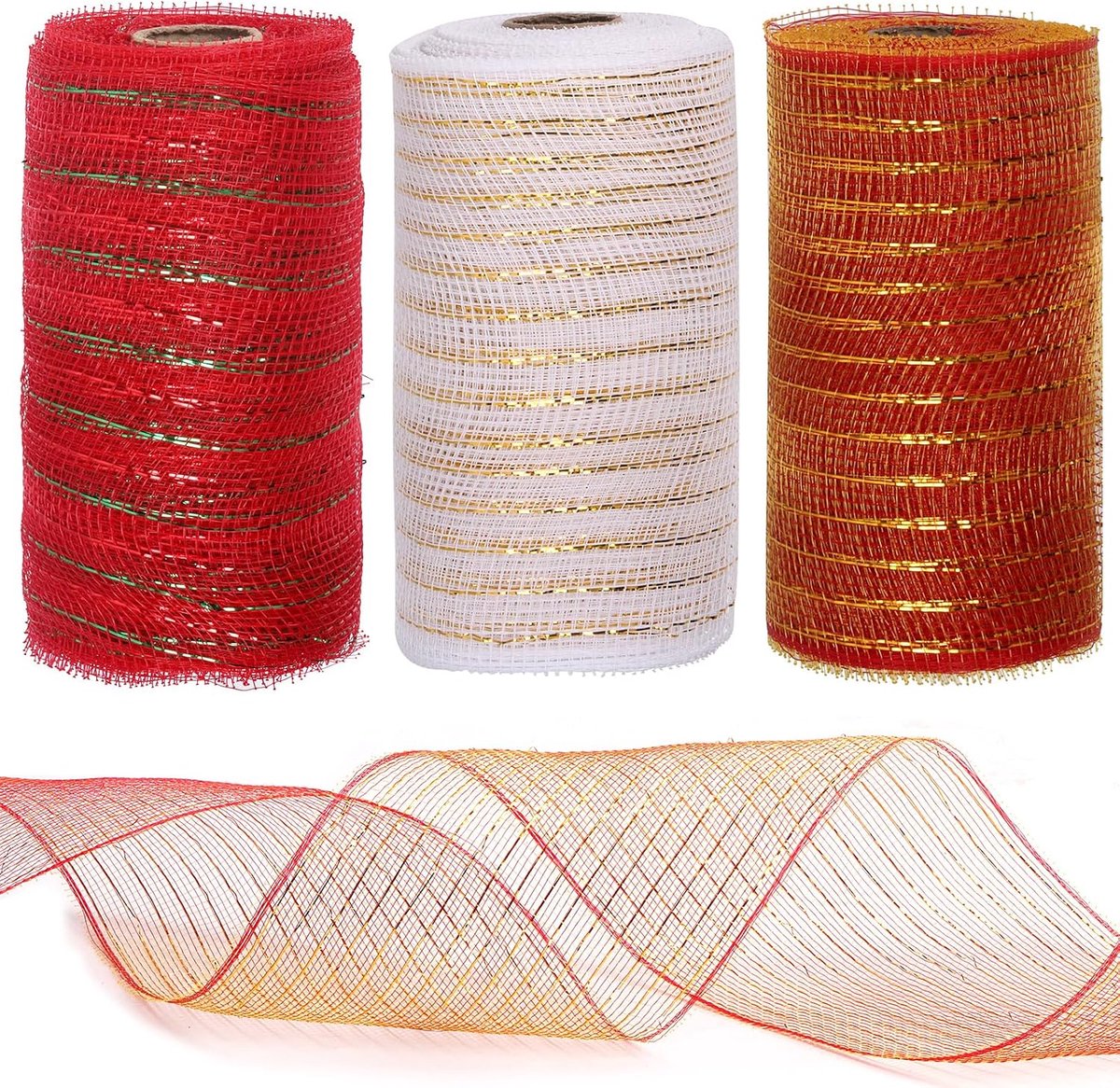 3 rollen gaaslint, kerstdecoratie gaasdoek metallic folie wit rood groen gaaslint rollen voor kransen, geschenkverpakking, feestdecoraties (15 cm x 25 m per rol)