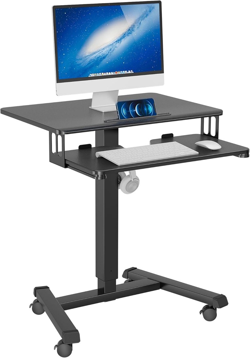 Mobiel Bureau met 4 Wielen, In Hoogte Verstelbaar Werkstation, 65x45 cm Laptoptafel met Toetsenbordplank, Ergonomische Statafel voor Woonkamer en Slaapkamer
