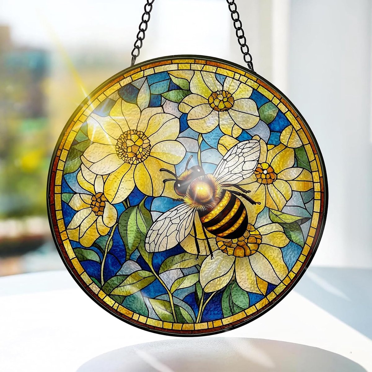 Bimkole Bij En Margriet Gekleurd Glas Hangend - Bloem Hangende Raamdecoratie - voor Tuin, Raam en Deur, Verjaardag voor Vrouwen, Handgemaakte Suncatcher Decoratie 20x20 cm