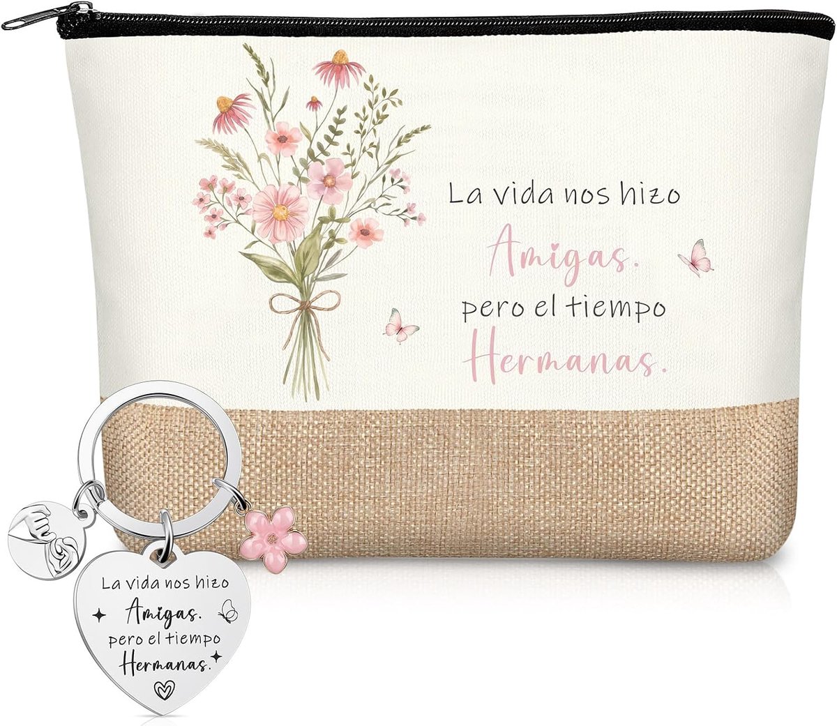 2 Stuks Cadeauset Voor Beste Vriendin Cadeauset Voor Zus Cosmetische Tas Voor Vriendschap Make-Uptas Van Jute Sleutelhangertje Voor Vriend Met Gegraveerde Tekst (Bloem)