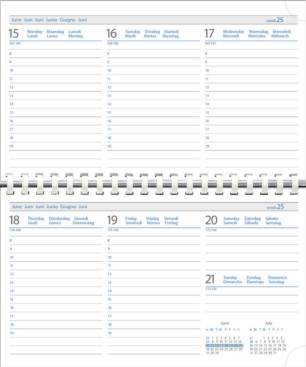 Castelli - Interieur zakagenda H44 Parma 2027 - zonder omslag - 1 week over 2 pagina's - formaat 8.9x15.3 cm liggend - 6-talig (incl. NL en F feestdagen) - Made in Italy - losse vulling met spiraalbinding