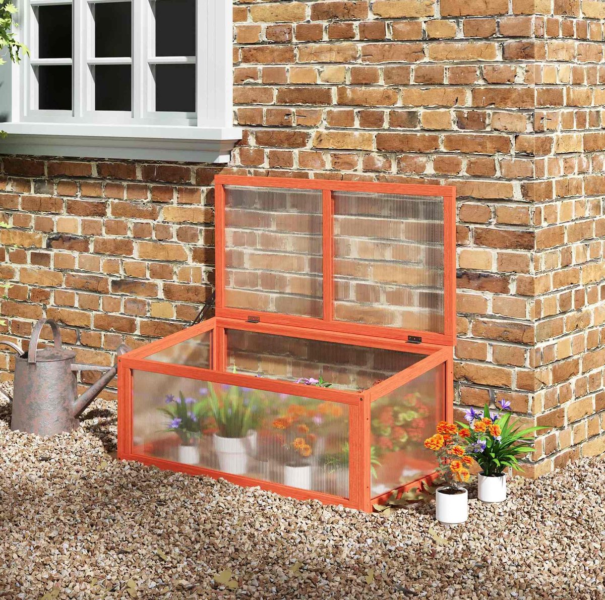 COVREO Kweekkas 90x46x40 cm oranje, hout en polycarbonaat, opklapbaar dak