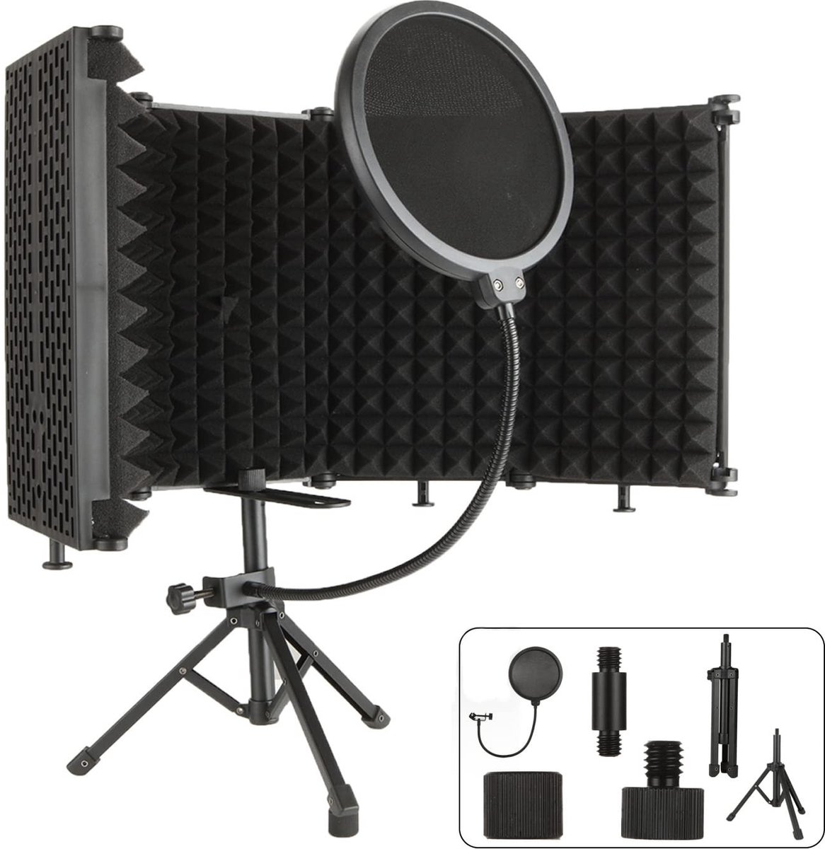 Omgoods - Opvouwbaar microfoonisolatiescherm - Geluidsbescherming - Zwart - Akoestische bescherming - Voor opname en podcasting - Inclusief statief...