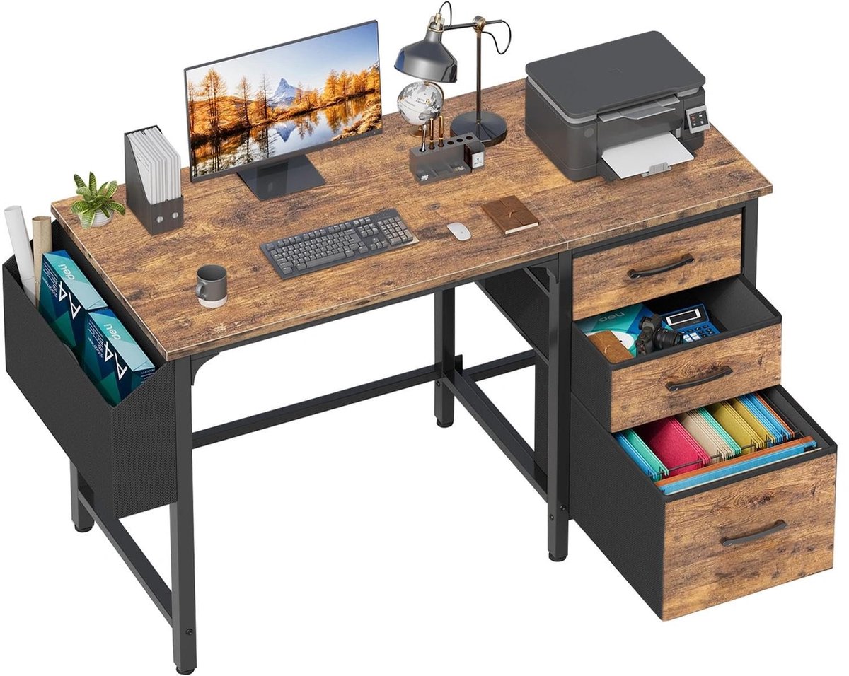 Omgoods- Computerbureau 120 cm - Omkeerbaar ontwerp - Archiefkast - Rustiek bruin - Zwart metalen frame - Ruime werkstationruimte - Bureau