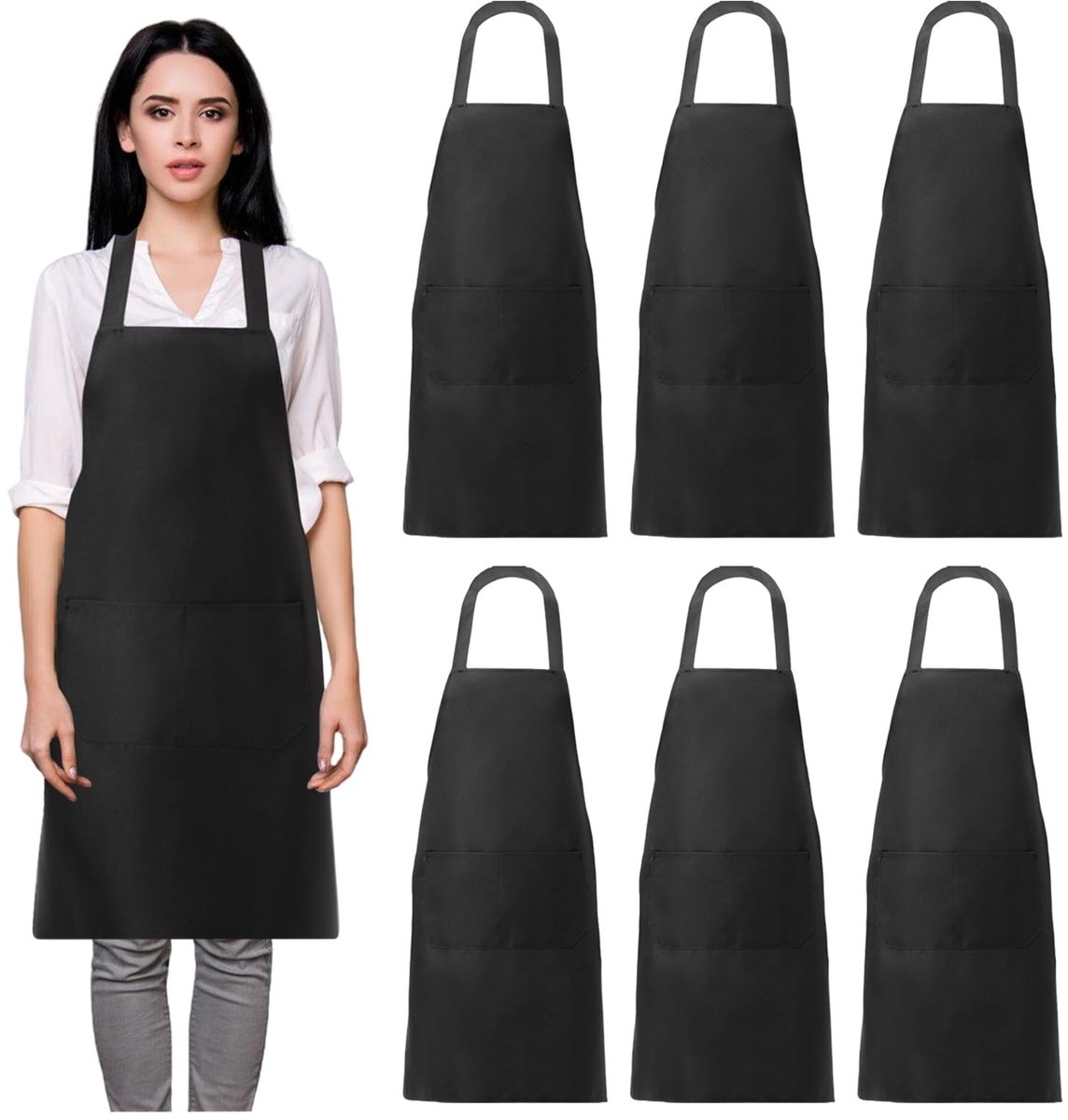 Omgoods - Unisex Keuken Schort - 6 Stuks Verstelbaar Chef Schort (Zwart)