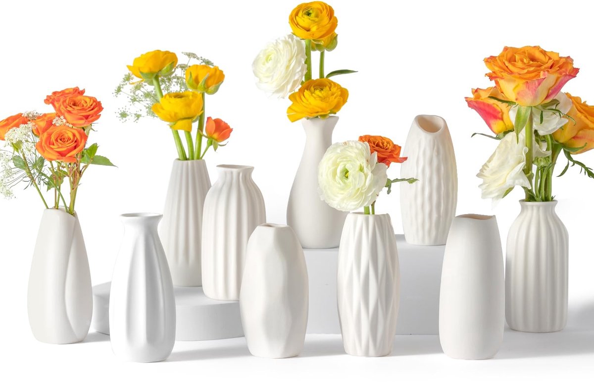 Omgoods - Set van 10 Mini Witte Keramische Vazen voor Bloemen