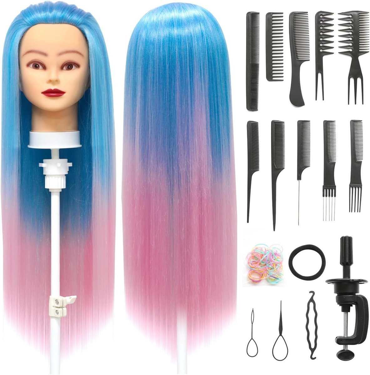 Oefenhoofd voor Kappers, 28 inch Haar Trainingshoofd van 100% Synthetische Vezels met Gratis Klem en DIY Vlechtset voor Haarstyling en Kappersopleiding