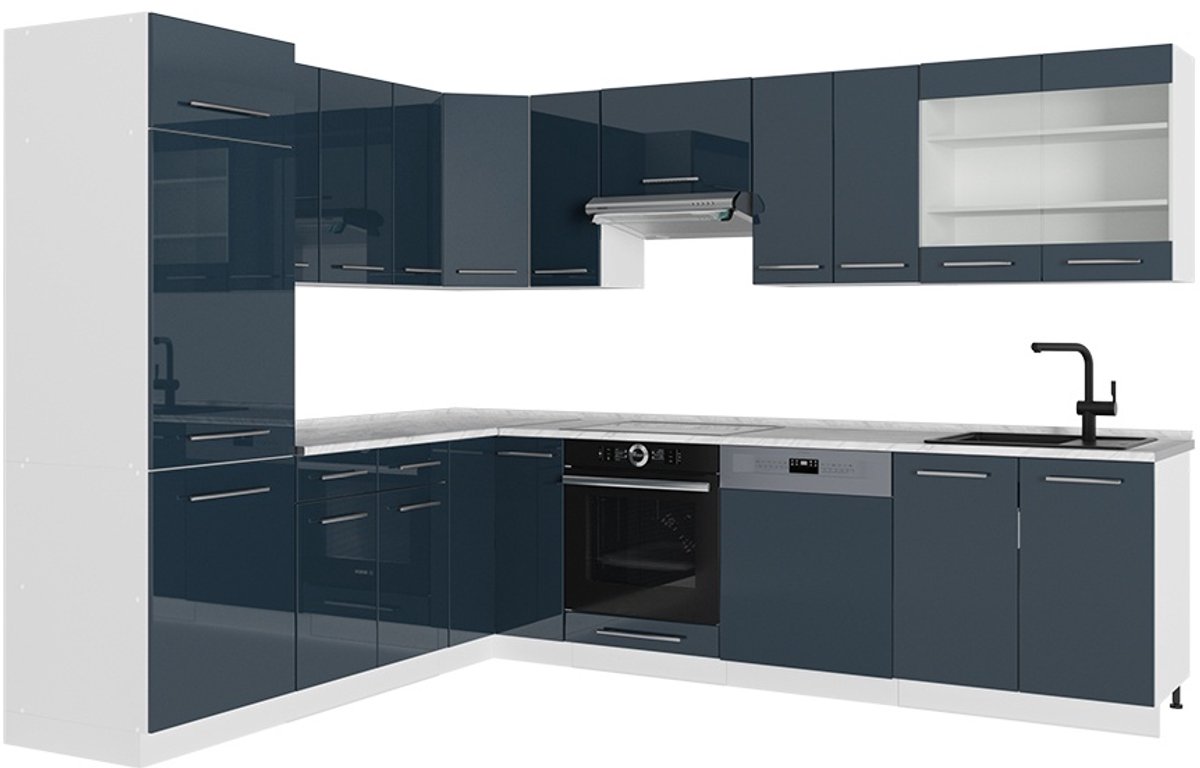 Vicco Hoekkeuken Fame-Line, Donkerblauw hoogglans/Wit, 287 x 227 cm, WB Marmer