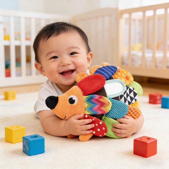 Baby Pluche Leer Speelgoed - Sensorisch Knoopspeelgoed Puzzelpop - Motorische Ontwikkeling Stimuleren - Zwart-Wit Ontwerp Kindveilige Spiegel - 250x200x100 mm — afbeelding 3