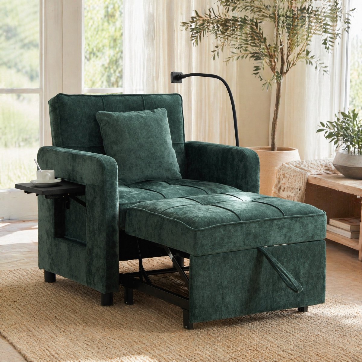 MODENUIT Fauteuil 167 x 79 x 83 cm - 2-in-1 Verstelbare Ligfauteuil - Voor Woonkamer - Chenille Groen