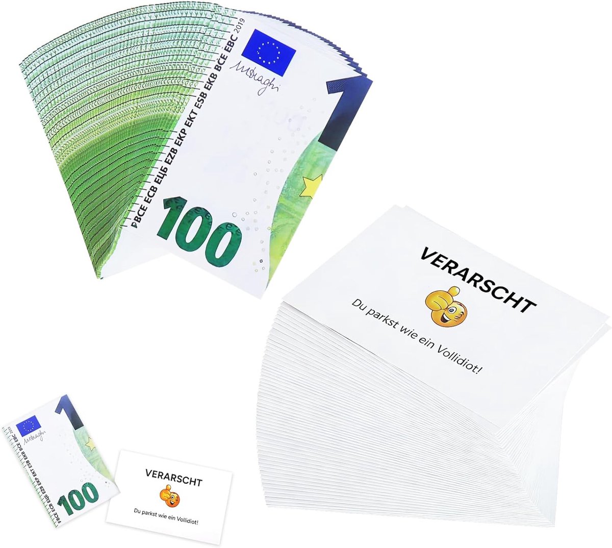 SnelShoppen - 100 x grappige parkeerkaarten met €100 design, humoristische parkeerboodschappen voor autoliefhebbers, parkeerwachters en vrienden met e