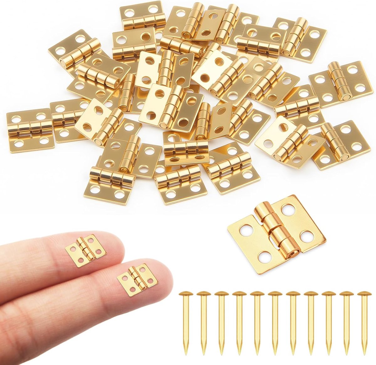 SnelShoppen - 30 gouden mini-scharnieren voor poppenhuizen + 120 spijkers, 180° koperen scharnieren voor miniatuurmeubels en sieradenkistjes - 0,8 x 0