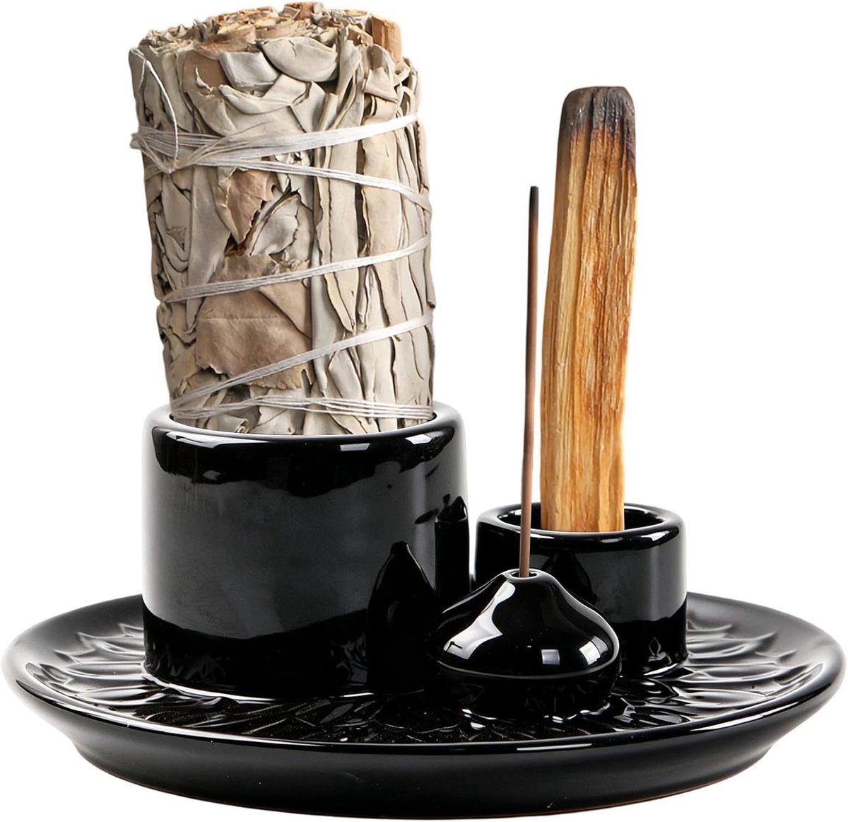 SnelShoppen - Zwarte Keramische Wierookhouder met Lotus-Patroon, Elegante Rookschaal voor Thuis, Kantoor, Yoga, Zen en Meditatie, Meermaten Incense Bu
