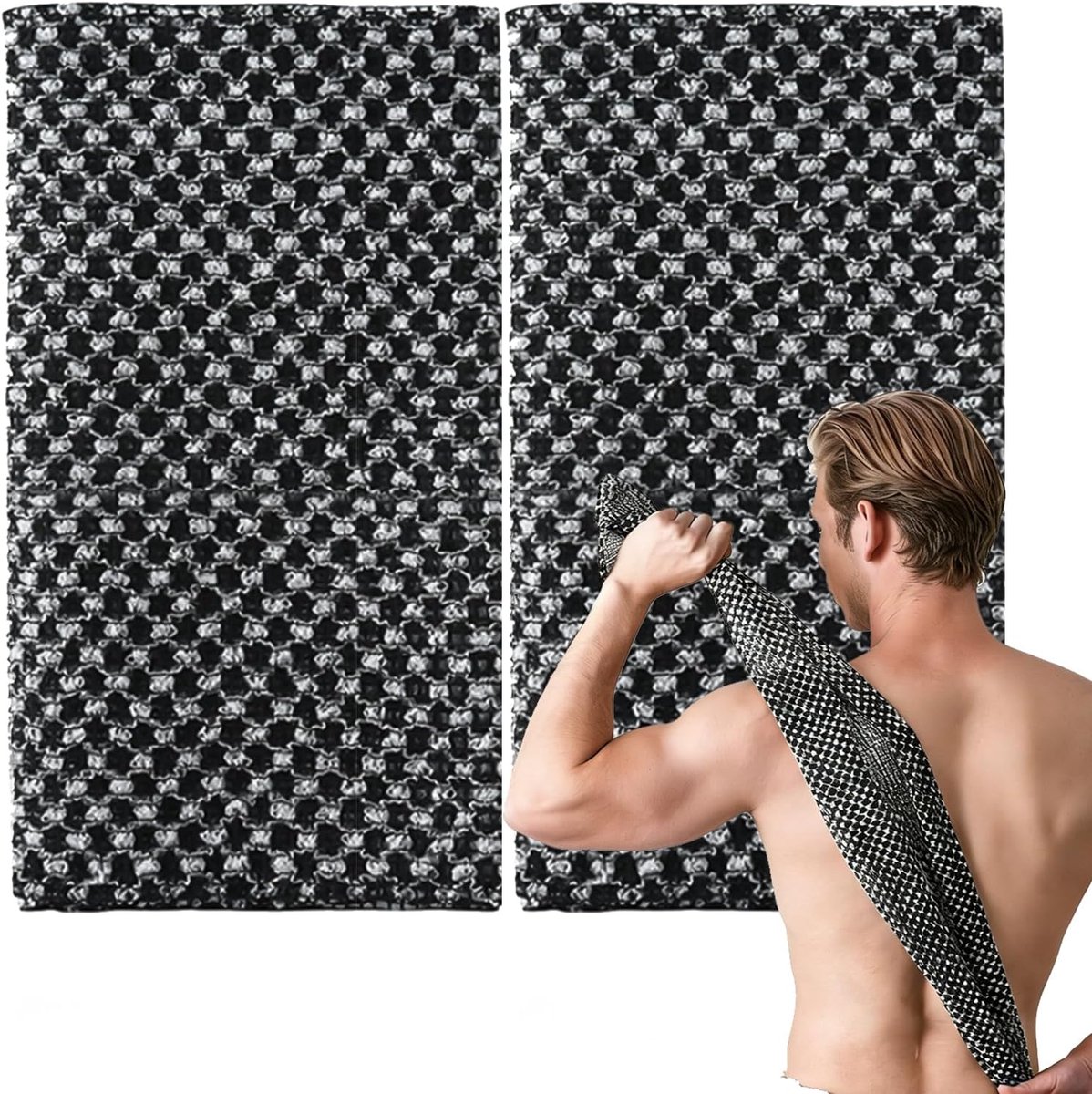 SnelShoppen - Set van 2 Japanse Exfoliërende Handdoeken | Zwarte Rug Scrubbers voor Douchegebruik | Extra Lange Douchetowel voor Mannen en Vrouwen | E