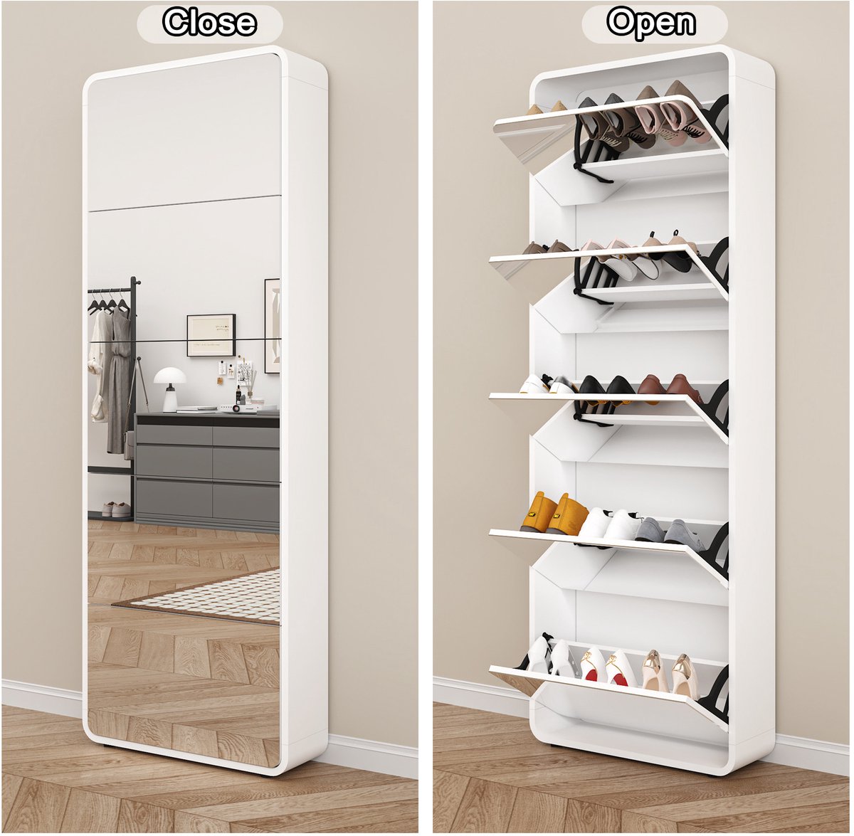 COVREO Schoenenkast 63x19,6x176,2 cm wit, MDF met spiegel en 5 vakken