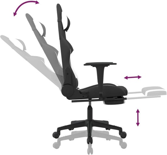 Gaming Stoel - Computerstoel Racestoel - Comfortabel Gamen - Verstelbare Rugleuning Voetensteun - 64x60x127 cm - Zwart Wit — afbeelding 4