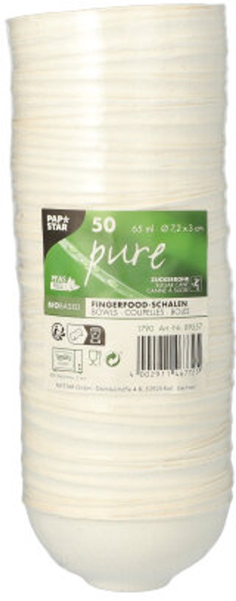 10x 50 Fingerfood - Schalen suikerriet pure rond 65 ml Ø 72 cm · 3 cm wit