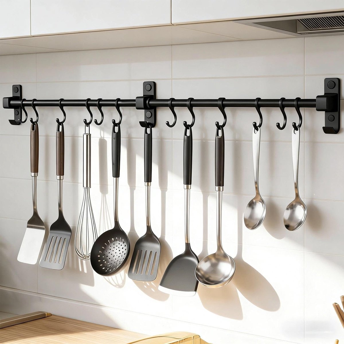 Omgoods- Haaklijst 80 cm - Zwarte Keukenrail - 12 Verstelbare Haken - Hoogwaardig Aluminium - Krasbestendig - Veilig Opbergen van Messen - Keukenrek