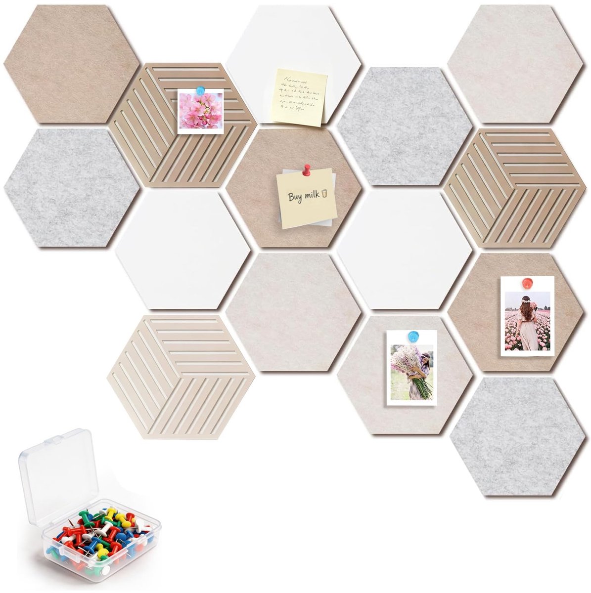 Omgoods - Vilten prikbord, zeshoekig, 15 stuks met 50 pushpins