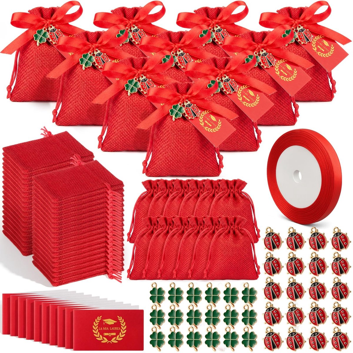 Omgoods - Afstudeercadeauset met Rode Jute Zakjes en Klavertje Vier, 60 Stuks