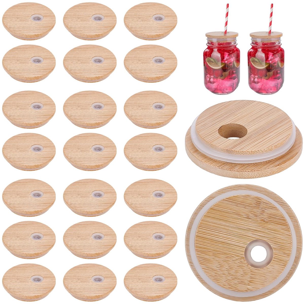 Omgoods - Set van 60 Bamboe Deksels met Rietjesgat voor Glazen Potten