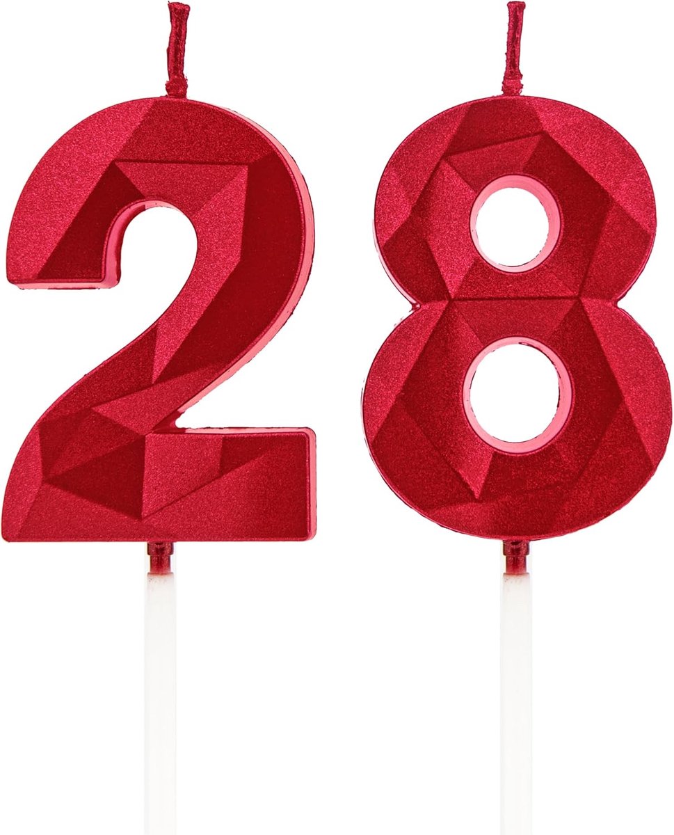 SnelShoppen - Nummer 28 Rode Verjaardagskaarsen Taarttopper | Verjaardagsdecoratie voor Feesten, Bruiloften en Bedrijfjubilea, Handgemaakte Glitters