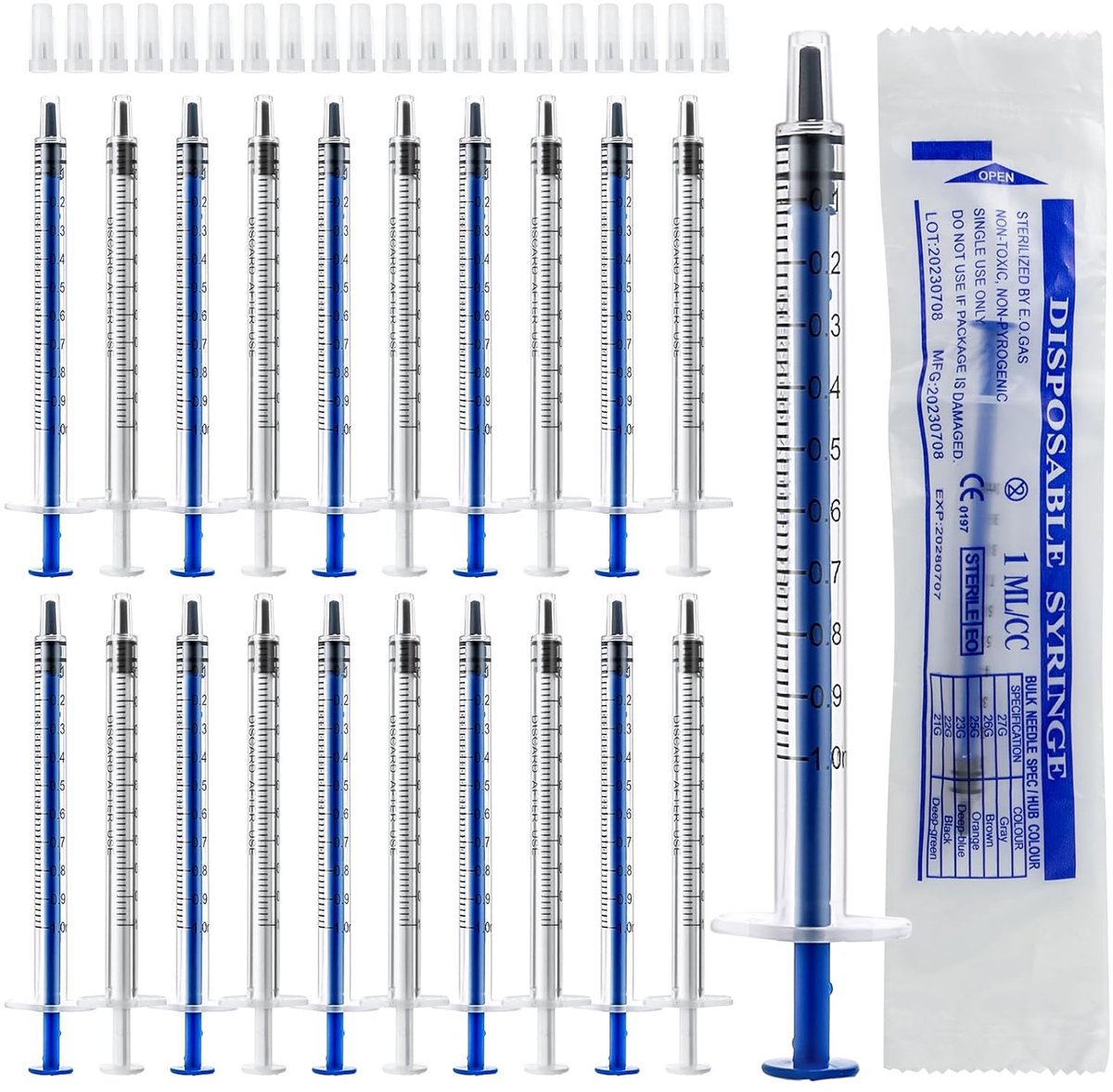 SnelShoppen - 40 Stuks 1ml Spuit Plastic Met Dop, Colostrum Spuit 1ml Zonder Naald, Individueel Verpakt Voor Het Meten Van Vloeistoffen, Laboratoria,