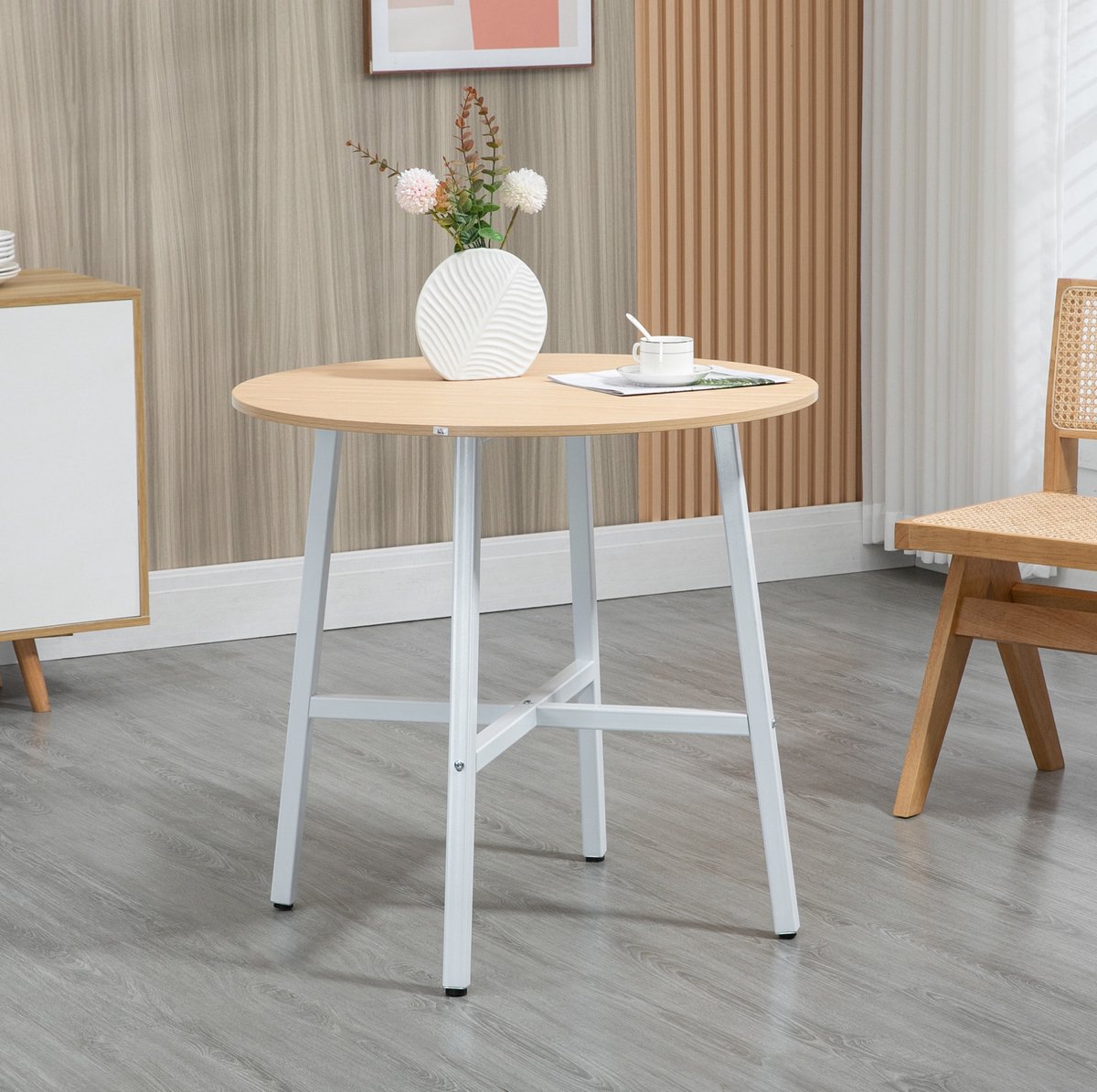 COVREO Ronde eettafel 80 cm naturel hout, metalen onderstel voor 4 personen