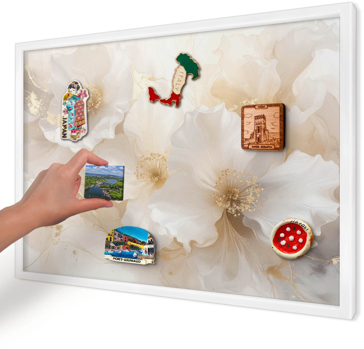 Artprintcave Romig Magneetbord mit Witte Lijst - 60x40 cm - Pastelkleurige Bloemen Memobord Keuken - Minimalist Bord Voor Magneten - Bloemen En Planten